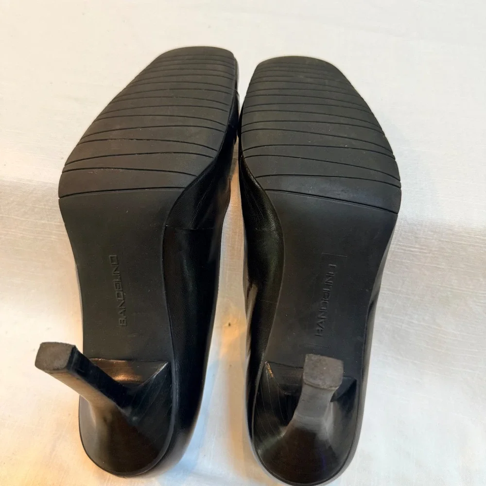 Bandolino Flawless Pumps 7M Black Leather Square Toe Buckle Stiletto Heels